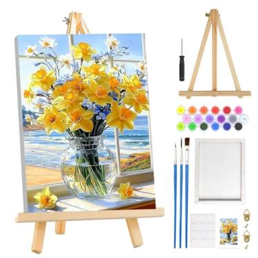 Imagem de MOGTAA Kit de pintura por números para adultos iniciantes com moldura, paisagens de flores, kits de pintura por números em tela com cavalete, kits de pintura a óleo DIY fáceis para decoração de casa