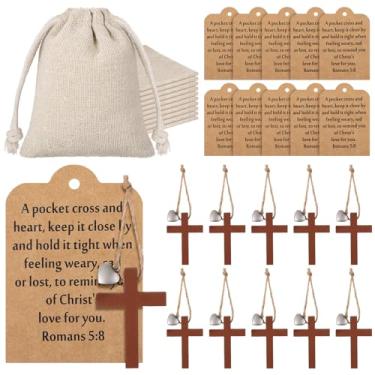 Imagem de Bucherry 10 conjuntos de presente de pingente de cruz de bolso de madeira - cruz religiosa cristã, pingente de coração, cartões de oração Kraft, sacos de cordão para presente de igreja de primeira