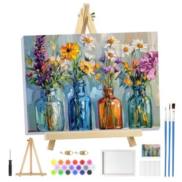Imagem de MOGTAA Kit de pintura por números para adultos iniciantes com moldura, flores em vaso kits de pintura por números em tela com cavalete, kits de pintura a óleo DIY fáceis para decoração de casa, 20 x