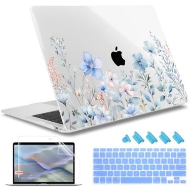 Imagem de May Chen Capa compatível com MacBook Air de 13 polegadas (modelos A1369 e A1466, versão mais antiga 2010-2017), capa rígida de plástico com capa de teclado e protetor de tela, flor azul