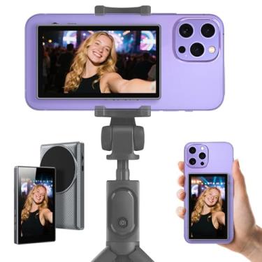 Imagem de Tela Zoomable para monitor de selfie para iPhone - Conexão de espelhamento de tela de câmera traseira sem fio magnética 4K 30fps Gravação com alto-falante 3 níveis de brilho para Selfie Vlog Live