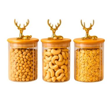 Imagem de Conjunto de 3 Potes de Vidro Hermético com Tampa de Bambu, 630ml, 10x9cm, Decoração Cervo Dourado