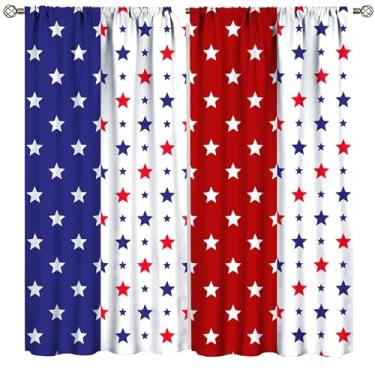 Imagem de Cortina de 4 de julho, listras de estrelas patrióticas, vermelho, branco, azul, dia da independência, para quarto, sala de estar, cozinha, janela, tratamento com 2 painéis, conjunto de 2 painéis
