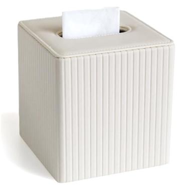 Imagem de KALEKAIL Capa de caixa de lenços de couro PU, suporte quadrado de caixa de lenços com fecho magnético, capas de lenços de cubo moderno para banheiros, marfim