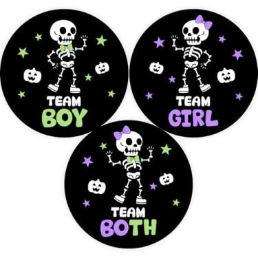 Imagem de 60 adesivos de revelação de gênero de Halloween, adesivos de esqueleto para meninos e meninas, etiquetas verdes e roxas para jogos de votação de meninos ou meninas para lembrancinhas de festa de chá