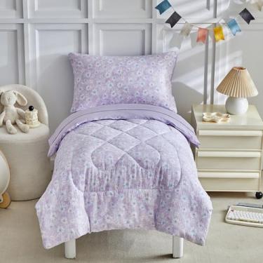 Imagem de JHXHMX Jogo de cama infantil floral para meninas, conjunto de edredom infantil de 4 peças, incluindo edredom, lençol de cima, lençol com elástico e fronha, roxo