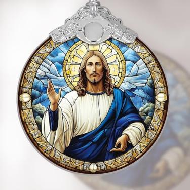 Imagem de Enfeite de árvore de Natal, decoração de pendurar em estilo vitral e apanhador solar de janela de acrílico, design Jesus com halo, para amigos da família