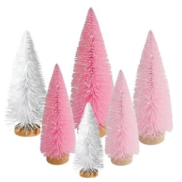 Imagem de Yahpetes Árvores de Natal, 6 peças, escova artificial para garrafas, árvores de mesa, decorações de mesa de Natal para decoração de festa de Natal (branco, rosa, rosa claro, 6 peças)