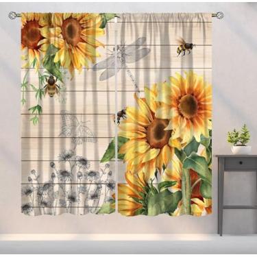 Imagem de YSWOW Cortinas de girassol Country Farmhouse vintage floral tábua de madeira impressa blackout cortinas de janela para quarto cozinha decoração conjunto de tecido 2 painéis 106 x 113 centímetros 30%