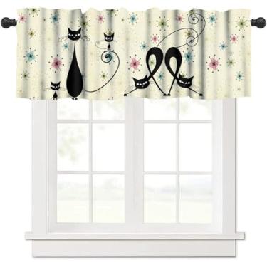 Imagem de Cortina abstrata de gato preto, estrelas atômicas de meados do século, geométrico, bolso para varão, janela pequena, tratamento para crianças, meninas, quarto, cozinha, restaurante, drapeado 137 x 45