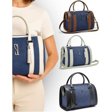 Imagem de Bolsa Feminina Baú material ecológico Jeans Focus Palha Bicolor Modern