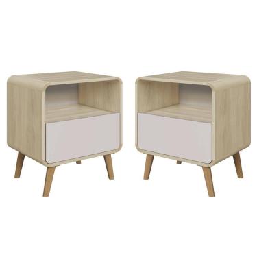 Imagem de Kit 2 Mesas de Cabeceira Canto Curvo Nicho 1 Gaveta Pés Palito Carvalho Araguaia