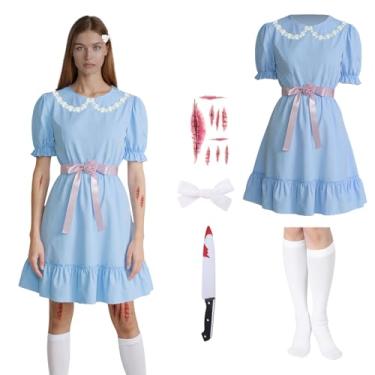 Imagem de GOBWCOT Grady Twins Costume Women Adult Lolita Dress With Knife Sticker Sock Bow Scary Halloween Horror Movie Cosplay Outfit (L)