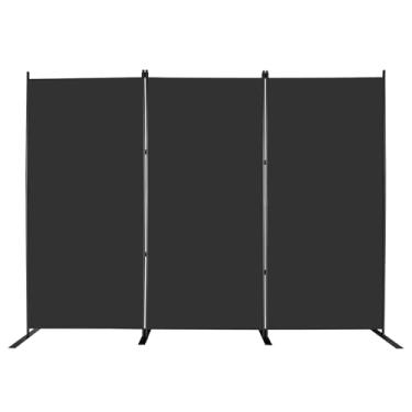 Imagem de MAYOLIAH Divisor de quarto preto de 3 painéis, tela dobrável de 1,8 m de altura, com base plana, divisória de escritório portátil, separador de parede interna, 256 cm L x 182 cm A