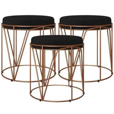 Imagem de Kit 03 Puffs Decorativo Aramado Bronze Zaya L02 Suede Preto - LYAM DEC