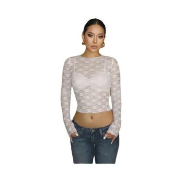 Imagem de Top Cropped De Renda Transparente De Manga Longa Para Mulheres, Camise