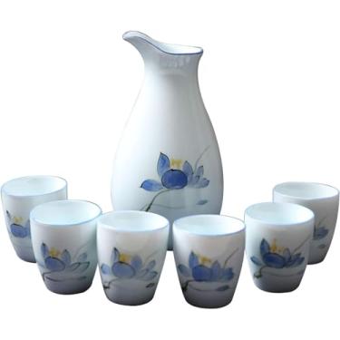 Imagem de TLTDSMY Conjunto de copos de saquê japonês 7 peças tradicionais de cerâmica com 1 garrafa de servir saquê e 6 copos de saquê, D