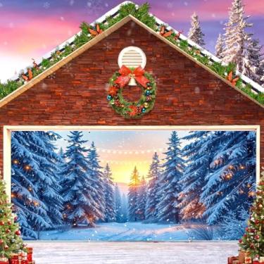 Imagem de Capa para decoração de porta de garagem de Natal do país das maravilhas de inverno, pano de fundo de banner, grande para pendurar para 2 carros, floresta, pinheiros, floco de neve, decoração mural de