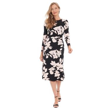 Imagem de London Times Vestido feminino de manga comprida floral midi - Vestidos elegantes para convidados de casamento, Preto/creme, 50