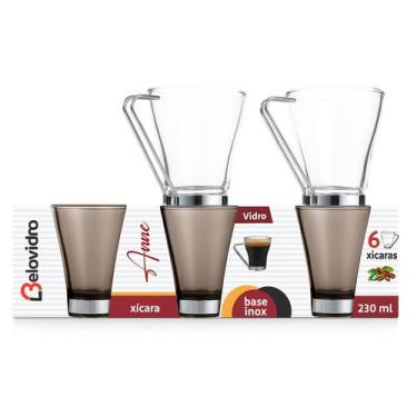 Imagem de Conjunto 6 Xícaras Vidro 230ml com Base e Alça Inox - Belakaza