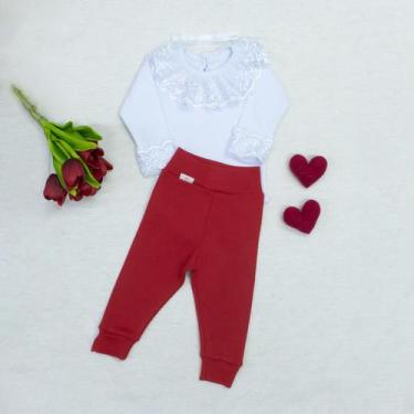 Imagem de Conjunto Body com Renda e Calça Bebê 100 Algodão Toque Suave Vermelho 