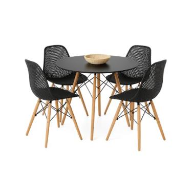 Imagem de Eames Conjunto Mesa de Jantar Eiffel 90cm com 4 Cadeiras Colméia, Mesa Preta e Cadeiras Pretas com Pés em Madeira, para Sala de Jantar, Cozinha e Café