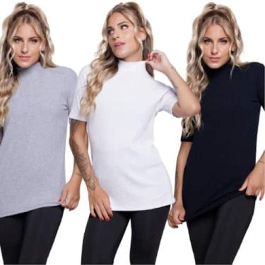 Imagem de KIT 3 Blusa Manga Curta Gola Alta Vekyo Em Malha Canelada Blogueira Mo