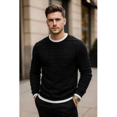 Imagem de Sueter masculino de tricot linho blusa de frio - Generica, Preto, G