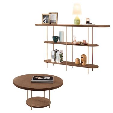 Imagem de Conjunto Decorativo Aparador e Mesa de Centro Walker Pés de Aço Tampo MDF Castanho G26 - Gran Belo