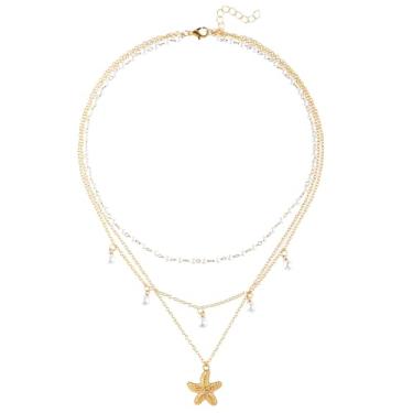 Imagem de Colar de pérolas multicamadas, colar de corrente de pérolas, charme boêmio, concha de praia, verão, joias de praia (estrela do mar)