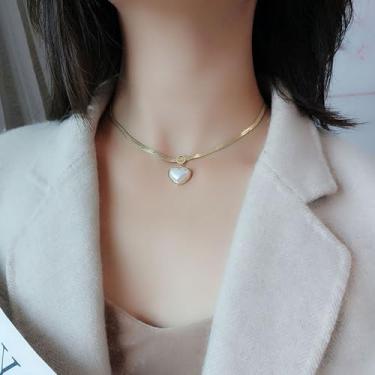 Imagem de Colares femininos com pingente de aço inoxidável banhado a ouro e prata – designs de coração e pérola, opções de corrente dupla e multicamadas, impermeável, joias hipoalergênicas, 16.5+2in, Metal, Sem
