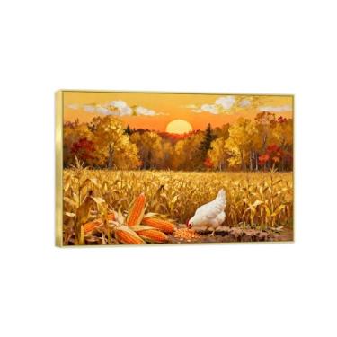Imagem de Imagem de paisagem de parede de outono - Galo de campo de árvore - Impressões em tela vintage - Pintura em moldura dourada para sala de estar decoração de casa de fazenda 80 x 120 cm 31 x 47 pol