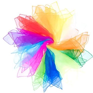 Imagem de Mister M Cachecol de chiffon colorido - Conjunto de 12 lenços de brinquedo para mágicos e artistas - Lenços de malabarismo de seda macia multiuso - Cachecóis de dança de 60 x 60 cm com tutoriais em