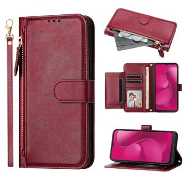 Imagem de YAJOJO Capa carteira T-Mobile Revvl 8 com zíper e porta-cartão, capa protetora de couro PU premium para T-Mobile Revvl 8, com suporte, bolso com zíper, alça de pulso, fecho magnético, vermelho