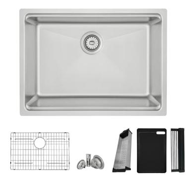 Imagem de Stylish Pia de estação de trabalho 68 x 48 cm, tigela única de aço inoxidável 16G, pia de cozinha com grade inferior, coador, escorredor, tábua de corte preta e prateleira de secagem, P-127W