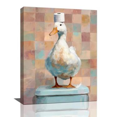 Imagem de Pato engraçado arte de parede de banheiro pato fofo em tela de banheiro decoração de parede engraçado peculiar animais de fazenda impressão de pintura emoldurada decorações presentes para banheiro