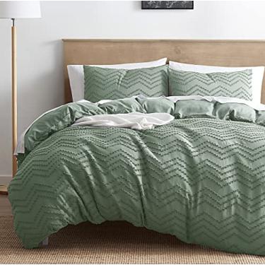 Imagem de Nestl Conjunto de capa de edredom boho king tufado com enchimento de edredom alternativo acolchoado – verde chevron – Conjunto de 4 peças texturizado inclui capa de edredom com enchimento e 2 fronhas