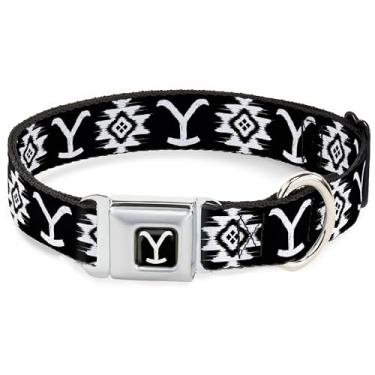 Imagem de Coleira para animais de estimação Paramount Network, fivela de cinto de segurança de metal, Yellowstone Dutton Ranch e ícones nativos americanos preto, 50 a 79 cm de largura