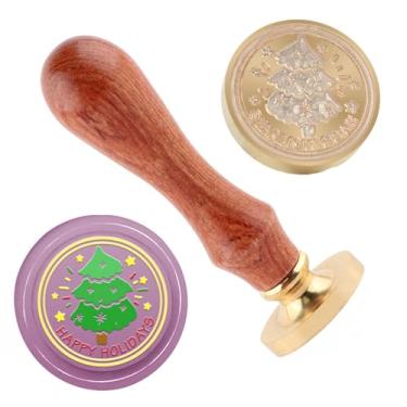 Imagem de Selo de cera de Natal Carimbo de selagem de árvore de Natal latão e uma alça de madeira carimbos cabeça para cartões de natal convites de festa carta envelope cartões de felicitações presentes