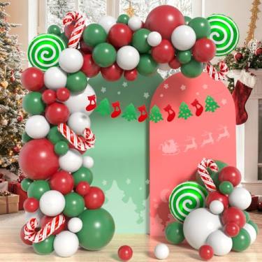 Imagem de Kit de arco de balões de Natal: guirlanda de balão verde vermelho branco com balões de folha de bengala de doce, banner de Natal, decorações de festa de Natal