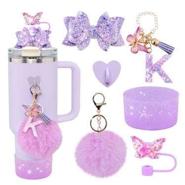 Imagem de Conjunto de 6 peças de acessórios de copo Stanley roxo - tampa de cobertura de palha de borboleta, laço brilhante para canudo, bota de silicone brilhante, pingente de letra e pompom para copos Satnley