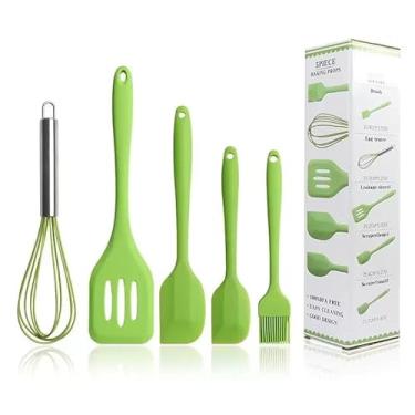 Imagem de Utensílios De Cozinha Silicone Kit com 5 Unidades - Espátulas, Pincel e Fue Fouet - Resistente ao Calor e Antiaderente (Verde)