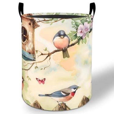 Imagem de Cesto de roupa suja para pássaros, 50 cm x 40 cm, balde de armazenamento de roupas Oxford floral dobrável à prova d'água para quarto, banheiro, quarto, berçário, organizador de brinquedos, presentes