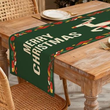 Imagem de Caminho de mesa de Natal 33 x 91 cm - Decoração de mesa de jantar de cozinha de inverno para decoração de casa, rena geométrica impressa Feliz Natal e padrões festivos para decoração de férias de