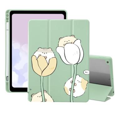 Imagem de Capa Kawaii Hamster para iPad 9ª/7ª/8ª geração (2021/2020/2019, 10,2 polegadas) com suporte de lápis, capa dobrável de couro verde, capa traseira transparente para despertar/hibernar automaticamente