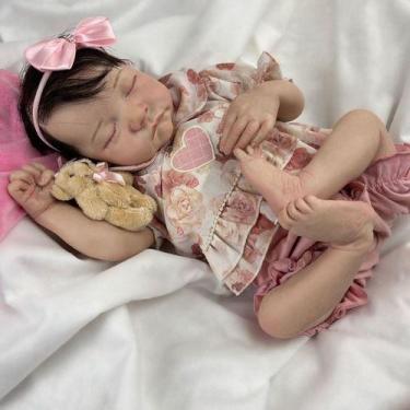 Imagem de Bebê Reborn Menina Dormindo Realista Molde Levi Toma Banho Cabelo Fio 