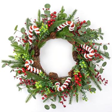 Imagem de MG MagicGarden Guirlandas de Natal para porta da frente guirlanda de Natal artificial de 50 cm com bagas de azevinho vermelhas, agulhas de pinheiro, cones de pinheiro, bengalas doces para festas de