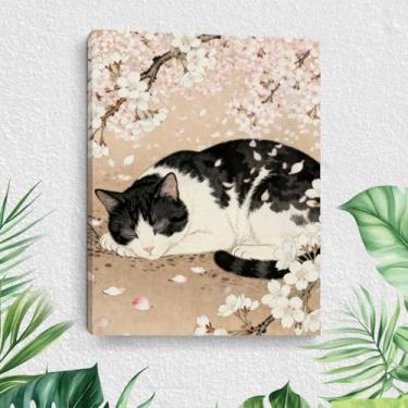 Imagem de Arte de parede em tela de gato de desenho animado, pinturas de arte emolduradas em estilo japonês, decoração de parede, cena da natureza e amantes de gatos, imagem para sala de estar, sala de estar