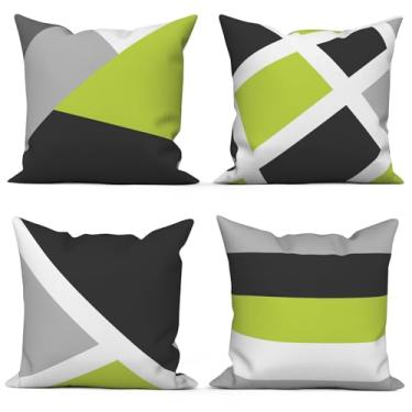 Imagem de Vie Savaran 4 peças/conjunto de capas de almofada geométricas verdes padrões listrados abstratos em cinza branco preto zíper invisível Morden capa de almofada quadrada para cadeiras sofá quarto casa