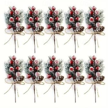 Imagem de Palhetas de baga de Natal com pinhas e hastes de azevinho, sprays artificiais de ramo de pinheiro vermelho perene para guirlanda de Natal, decorações de arranjo floral de férias (vermelho, 3 peças)